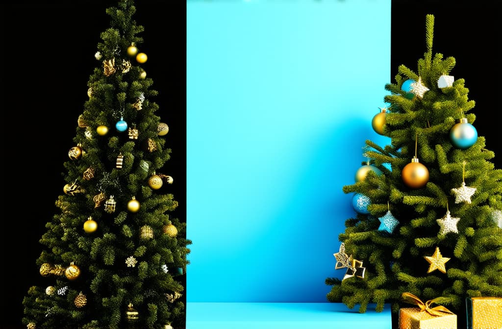  professional detailed photography, banner with space for inscription. on a dark background a christmas tree with golden decorations ar 3:2, (muted colors, dim colors, soothing tones), (vsco:0.3)