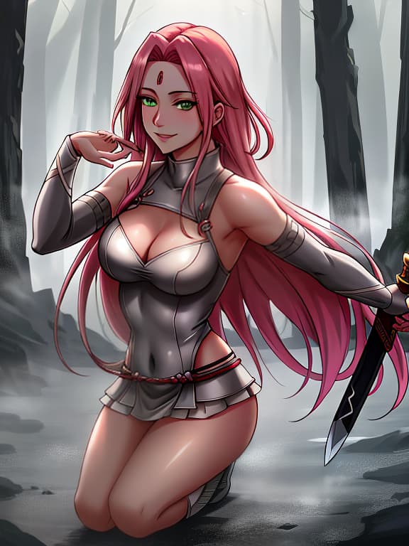  Character Sakura Haruno. Green eyes. A mop of long, , pink hair. High quality portrait concept art depicting a fantastic and beautiful young , perfect anatomy, high detail, excellent poses. dancing in fire with knives and metal., Photorealistic, Hyperrealistic, Hyperdetailed, analog style, demure, detailed skin, pores, smirk, smiling eyes, matte skin, soft lighting, subsurface scattering, realistic, heavy shadow, masterpiece, best quality, ultra realistic, 8k, golden ratio, Intricate, High Detail, film photography, soft focus hyperrealistic, full body, detailed clothing, highly detailed, cinematic lighting, stunningly beautiful, intricate, sharp focus, f/1. 8, 85mm, (centered image composition), (professionally color graded), ((bright soft diffused light)), volumetric fog, trending on instagram, trending on tumblr, HDR 4K, 8K