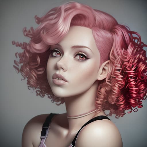  --Style Photoralism, a close up of a woman with pink hair and a red top, short pink hair, cute with short pink hair, huge curly pink hair, curly pink hair, pink short hair, huge pink hair, pink hair, breathtaking ilya kuvshinov, yael shelbia, cgsociety portrait, rose hair, kawaii realistic portrait, hyperrealistic , with pink hair