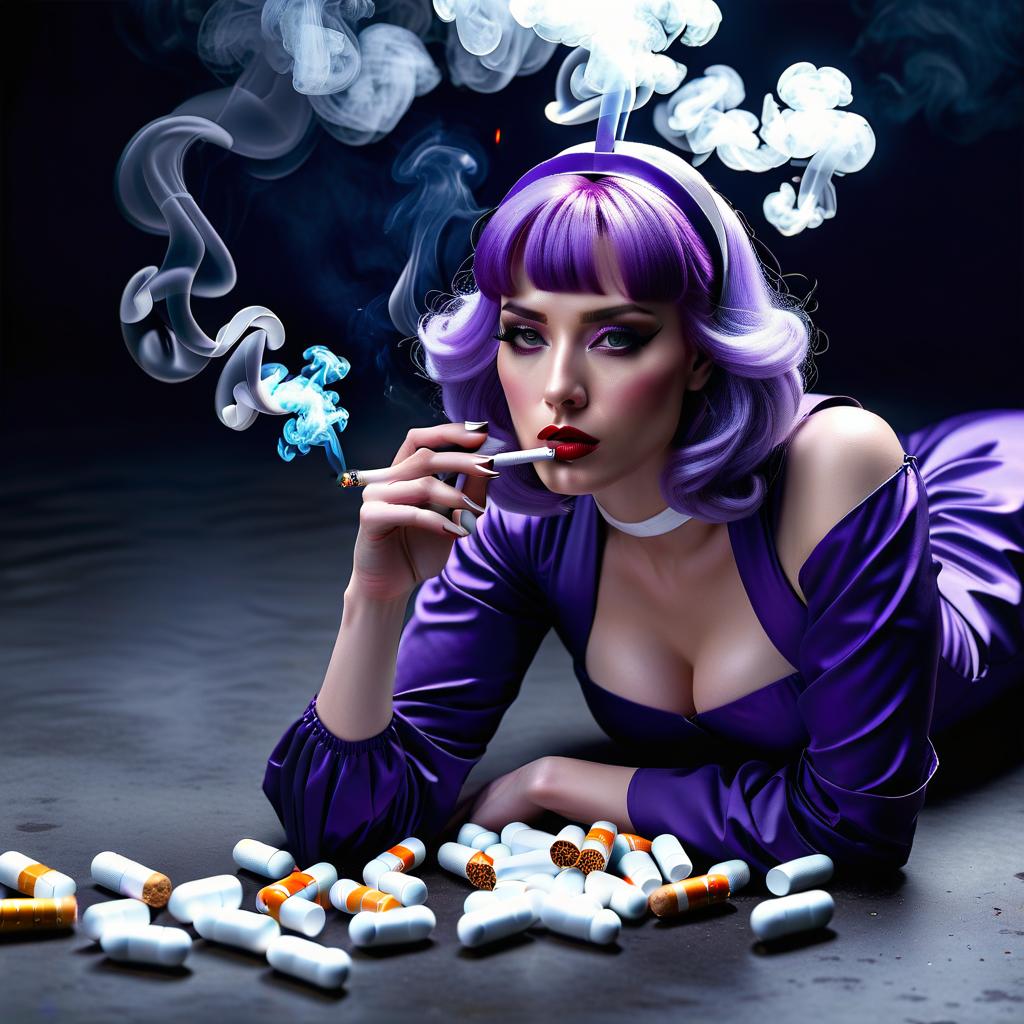  girl in purple uniform maid with purple hair and pale skin bandaged smoking cigarette around lying pills look unemotional background gloomy hyperrealistic, full body, detailed clothing, highly detailed, cinematic lighting, stunningly beautiful, intricate, sharp focus, f/1. 8, 85mm, (centered image composition), (professionally color graded), ((bright soft diffused light)), volumetric fog, trending on instagram, trending on tumblr, HDR 4K, 8K