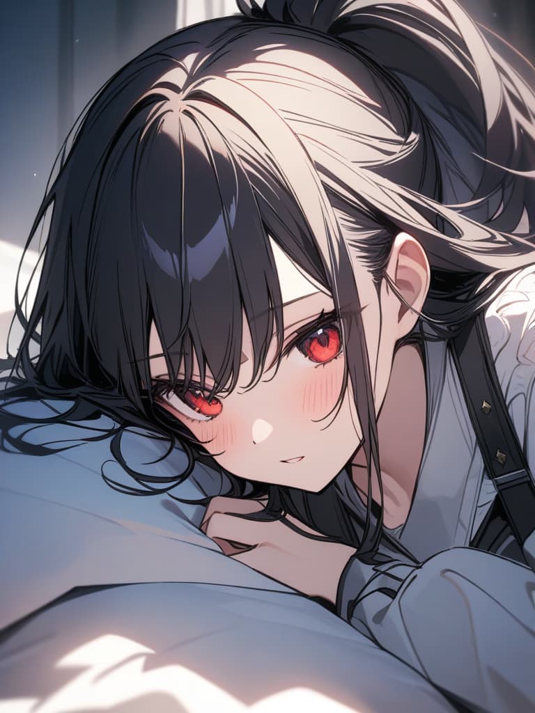  girl, cute, black hair long, red eyes, stuffed animal, masterpiece, best quality,8k,ultra detailed,high resolution,an extremely delicate and beautiful,hyper detail