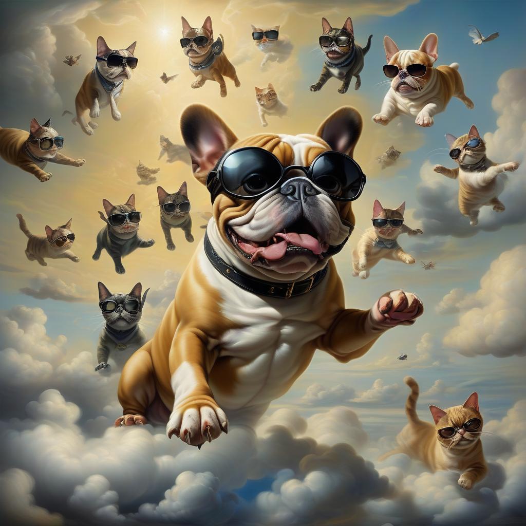  (masterpiece, oil painting:1.2), surreal realism, funny cartoon style, (double exposure, superimposition of transparent images), (bulldog in black sunglasses flying in the clouds and catching many cats with his paws), frightened cartoon cats scattering and flying in different directions in fear, (salvador dali style:1. 3), high detail, high resolution, intense close up, (highly dynamic pose, danish perspective:1.2), detailed dog, psychedelic detailed cats, fantastic entourage, transparent haze intertwining with characters in the painting, 64k, hdr+