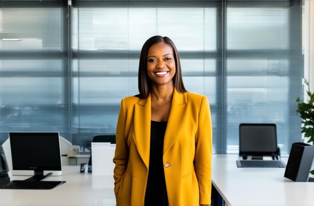  professional detailed photography, portrait of smiling businesswoman in mustard colored jacket standing in open plan office. happy female professional executive manager, financial banking or marketing data. ar 3:2, (muted colors, dim colors, soothing tones), (vsco:0.3)