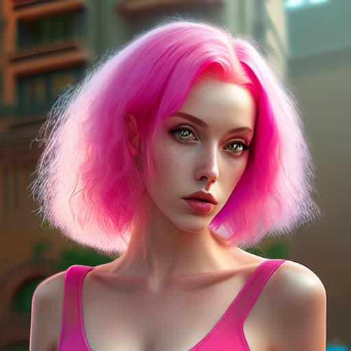  --Style Photoralism, a close up of a woman with pink hair and a red top, short pink hair, cute with short pink hair, huge curly pink hair, curly pink hair, pink short hair, huge pink hair, pink hair, breathtaking ilya kuvshinov, yael shelbia, cgsociety portrait, rose hair, kawaii realistic portrait, hyperrealistic , with pink hair