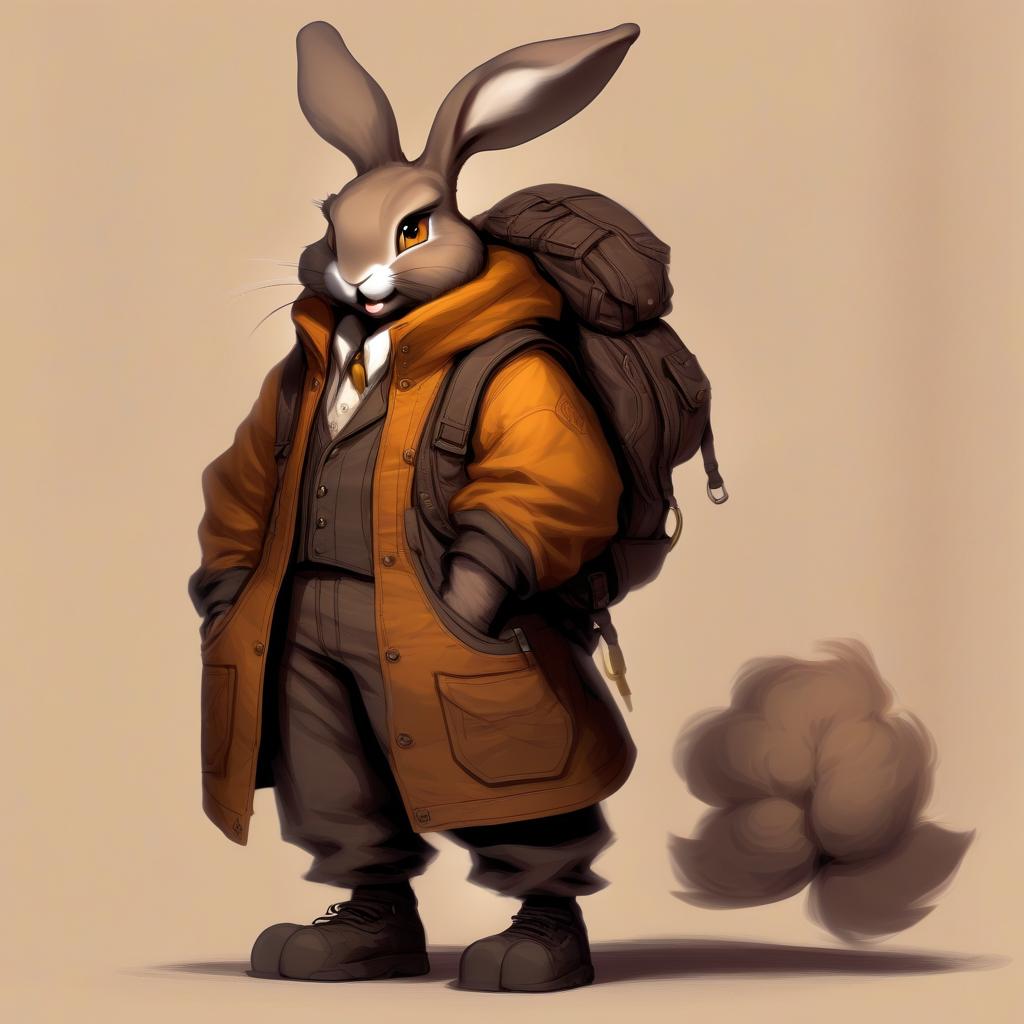  slim bunny. its fur has a gray brown hue, which helps it remain invisible in the shade. his ears are long and mobile, always alert, catching the slightest sounds of the environment. the eyes of varian are deep amber color, full of determination and inner light. he wears simple but comfortable clothing consisting of a dark vest and wide pants, allowing him to move easily.