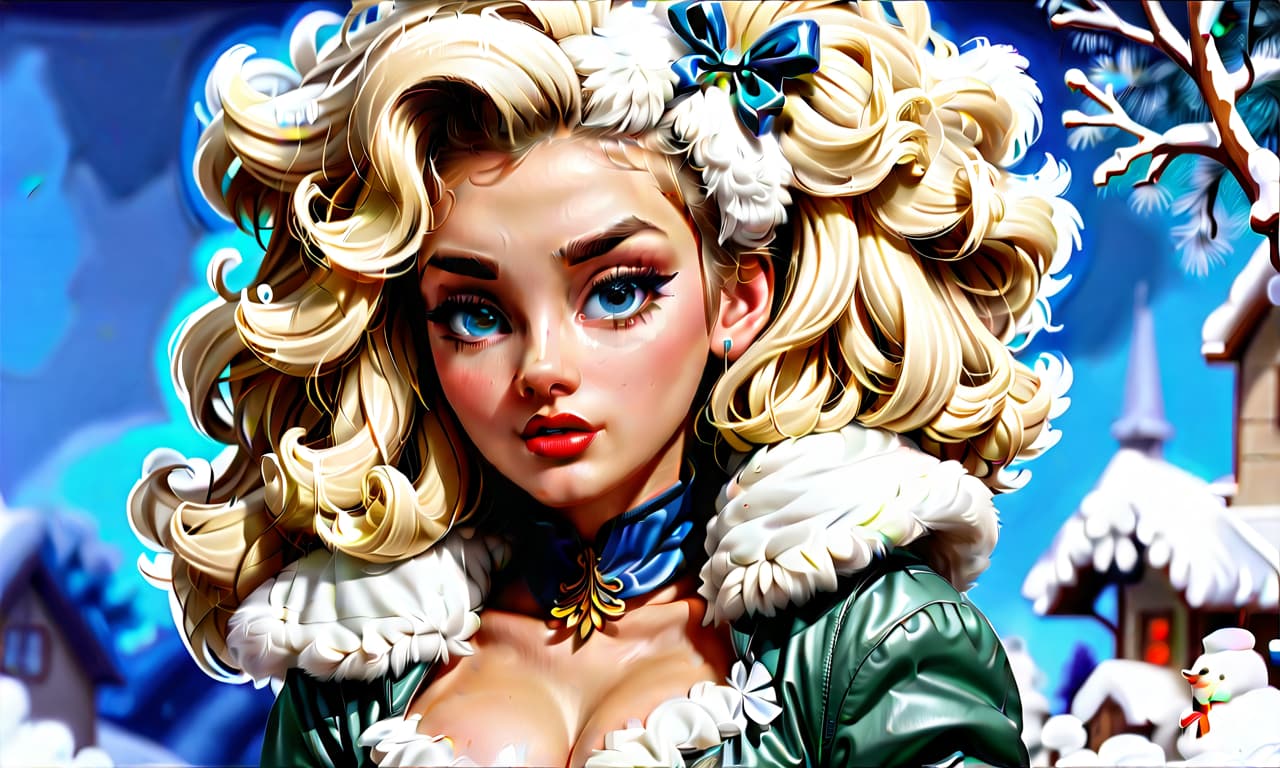  kawaii style "create a painting in the pin up style featuring a young woman with a cute face and makeup. she has light hair styled with large white bows on the sides, from which curly hair flows down. the woman is dressed in a short blue fur coat with a fluffy white fur collar, which accentuates her figure. her arms are extended along her body to mid thigh, with her wrists flared out to the sides. she wears nylon stockings and long white leather high heeled boots, standing as if on her toes. the scene depicts her standing straight in the snow, appearing to shiver from the cold, surrounded by snow and snowdrifts. to her right, there is a fluffy green christmas tree adorned with colorful ornaments and twinkling lights. the snow sparkles and g