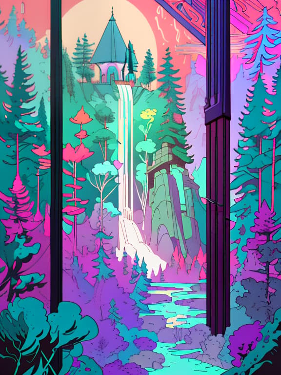  Wonderland, location, table in the middle of a clearing in the foreground, mint colors, delicate colors, tree houses, magic forest, giant candy, waterfall in the background, moon, Indie game art, (Vector Art, Borderlands style, Arcane style, Cartoon style), Line art, Disctinct features, Hand drawn, Technical illustration, Graphic design, Vector graphics, High contrast, Precision artwork, Linear compositions, Scalable artwork, Digital art, cinematic sensual, Sharp focus, humorous illustration, big depth of field, Masterpiece, trending on artstation, Vivid colors, trending on ArtStation, trending on CGSociety, Intricate, Low Detail, dramatic hyperrealistic, full body, detailed clothing, highly detailed, cinematic lighting, stunningly beautiful, intricate, sharp focus, f/1. 8, 85mm, (centered image composition), (professionally color graded), ((bright soft diffused light)), volumetric fog, trending on instagram, trending on tumblr, HDR 4K, 8K
