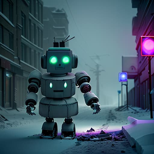  post apocalypse. darkness. snowstorm. snowstorm. a robot, hiding a pot with a small flower from the cold, walks through a strong wind through a destroyed frozen city., slate atmosphere, cinematic, dimmed colors, dark shot, muted colors, film grainy, lut, spooky