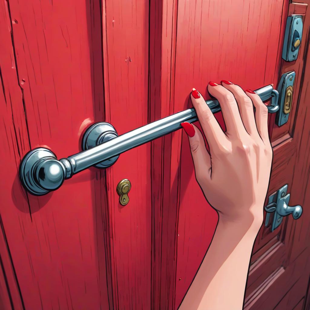  draw a colored comic, a woman's hand knocking on a red wooden door.