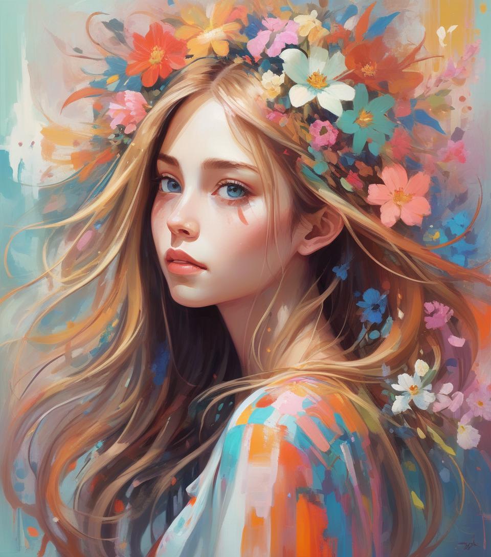  abstract expressionist painting a girl with long hair and flowers in her hair, beautiful character painting, beautiful digital art, beautiful digital artwork, beautiful digital illustration, gorgeous digital art, beautiful digital painting, beautiful fantasy art portrait, fantasy art style, exquisite digital illustration, beautiful gorgeous digital art, gorgeous digital painting, very beautiful digital art, rossdraws digital painting, extremely detailed artgerm . energetic brushwork, bold colors, abstract forms, expressive, emotional