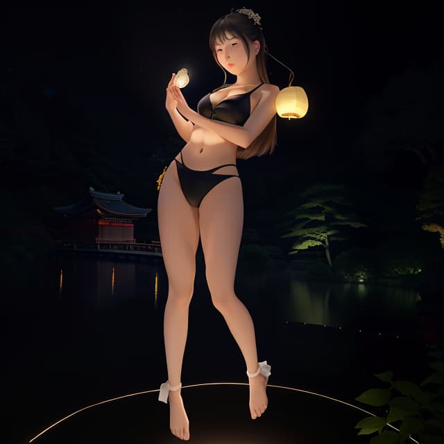  masterpiece, best quality, (fidelity: 1.4), best quality, masterpiece, ultra high resolution, 8k resolution, a night view inspired by japanese art, featuring a garden illuminated by paper lanterns and a wooden bridge spanning a tranquil lake, by the lakeside, there is a small zen temple. the water reflects the starry sky. beautiful muscular women