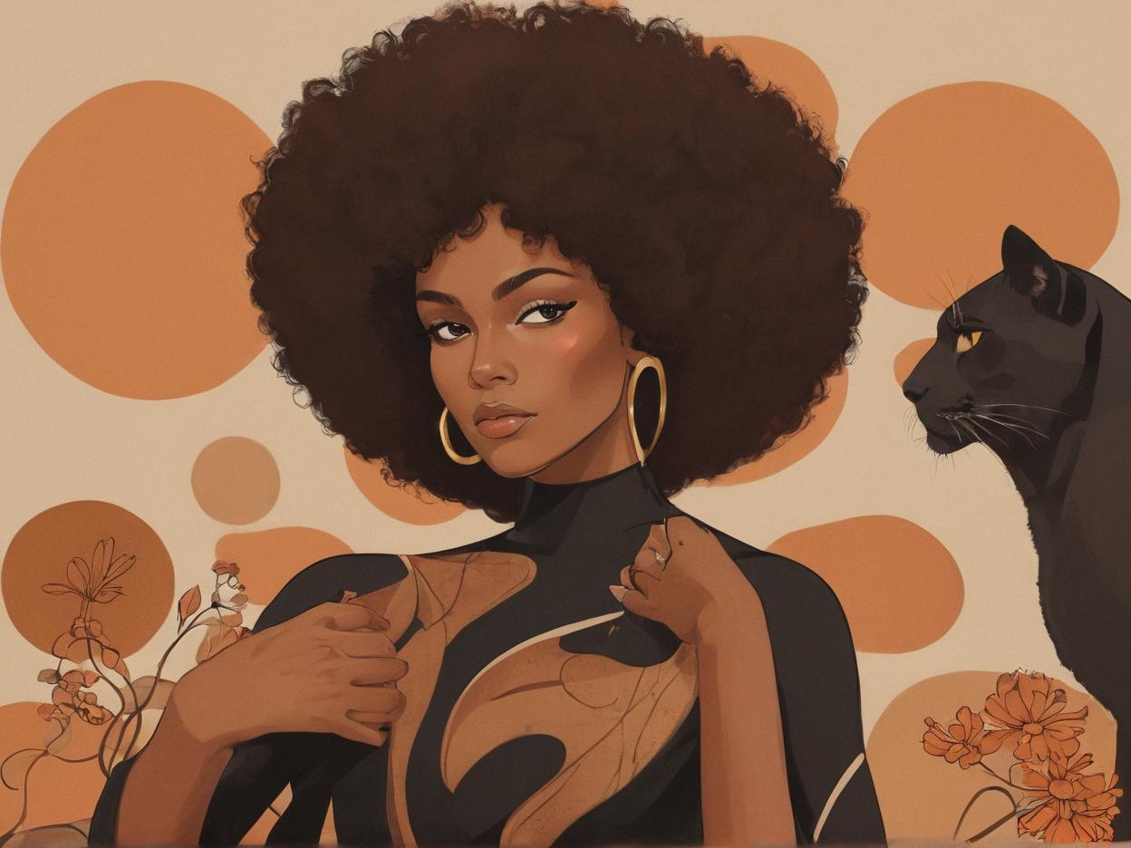  minimalism, a beautiful african woman with brown skin. with an afro. she wears a flowy black outfit. she is resting with a panther. a retro brown 70s flower design is in the background, abstract, simple geometic shapes, hard edges, sleek contours, minimalism