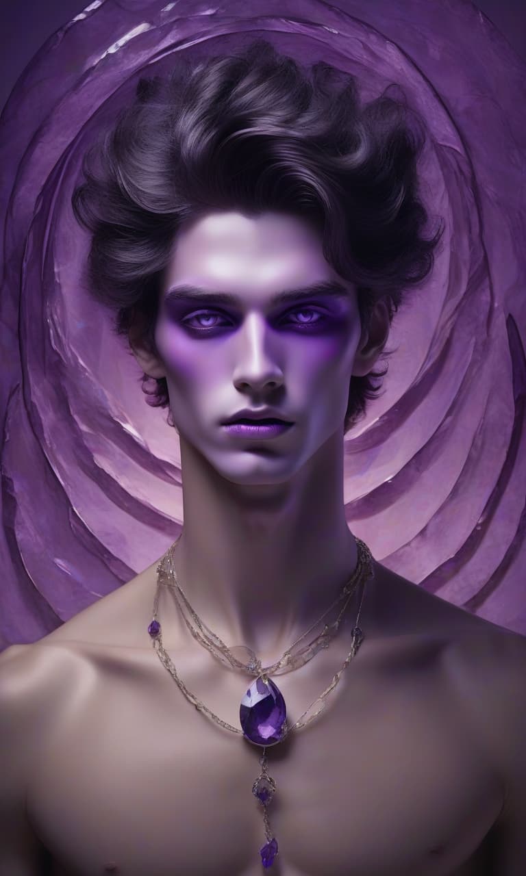  mystical male portrait radiating unearthly charm: porcelain skin, almond shaped violet eyes, dark hair adorned with bright violet jewelry. bright lips framed in a dreamy haze against a warm glowing background create a fantastic atmosphere of elegance and beauty. create an ethereal male portrait with a mystical aura. he has clear skin, large almond shaped violet eyes and full lips of a soft neutral shade. his face is framed by a mass of dark hair transitioning into bright violet jewelry, including a large one on the right side of the composition. jewelry of various sizes intertwine with his elements that give the impression of movement around his head, as if carried by a light breeze. the background is a textured gradient with deep, cool am