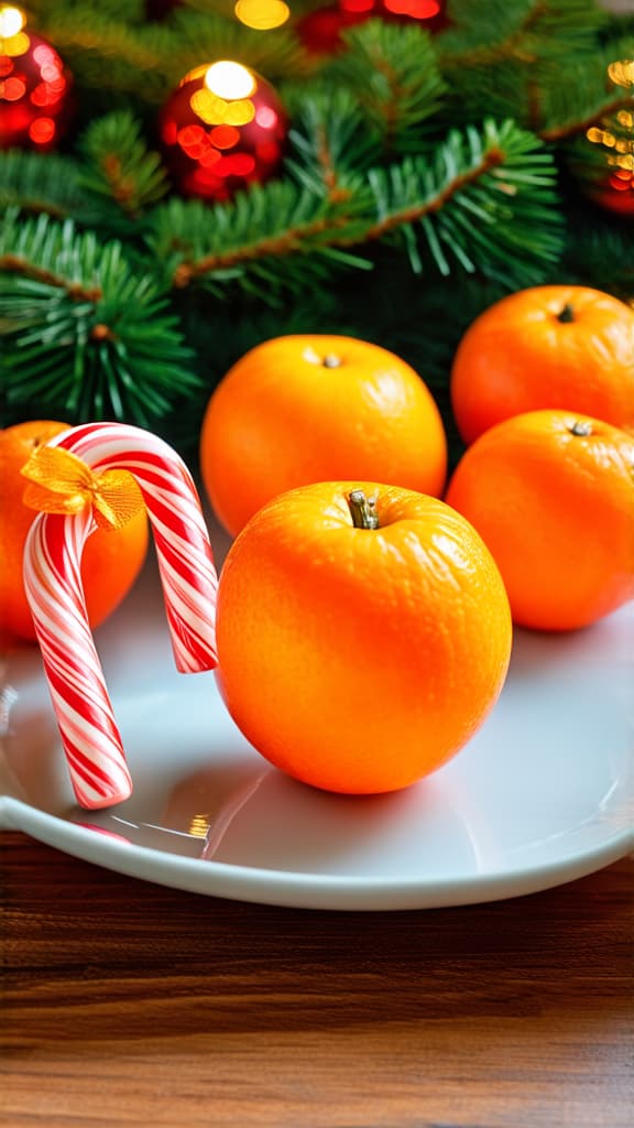  food gourmet photography style, tangerines with candy canes lie on the table decorated with a garland with small lanterns and spruce branches ar 9:16, appetizing, professional, culinary, high resolution, commercial, highly detailed ,soft natural lighting, macro details, vibrant colors, fresh ingredients, glistening textures, bokeh background, styled plating, wooden tabletop, garnished, tantalizing, editorial quality