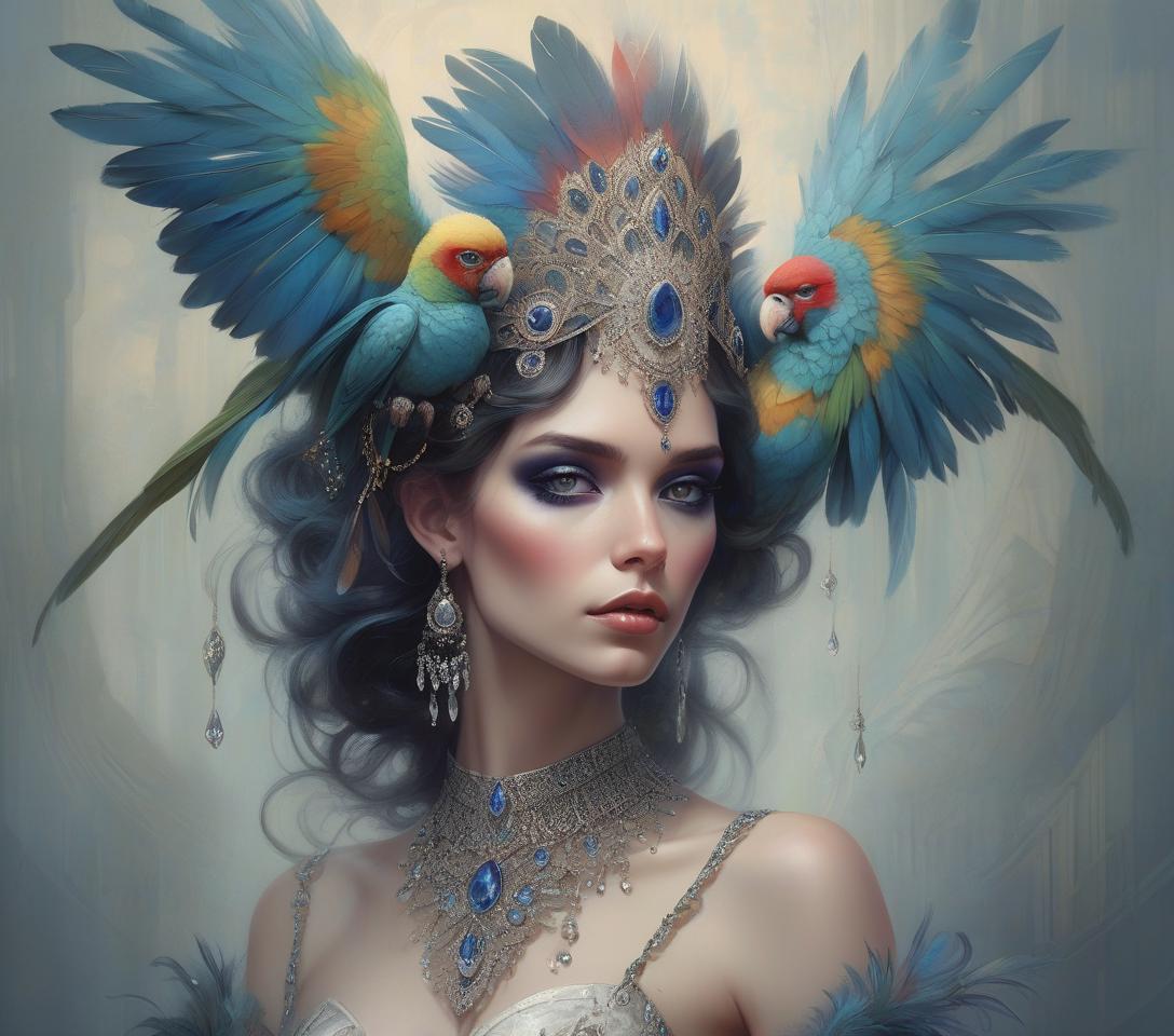  concept art hyper realistic, hyper detailed fantasy art; elegant, intricate, detailed, symmetrical face, accurate anatomy and eyes by tom bagshaw, magali villenueve; karol bak, of a beautiful woman with colorful parrot feather headdress and shoulder jewelry, diamonds, sapphires, insanely detailed, artgerm, wlop, tom bagshaw, magali villenueve; karol bak, photograph taken on nikon d750, intricate, digital illustration . digital artwork, illustrative, painterly, matte painting, highly detailed