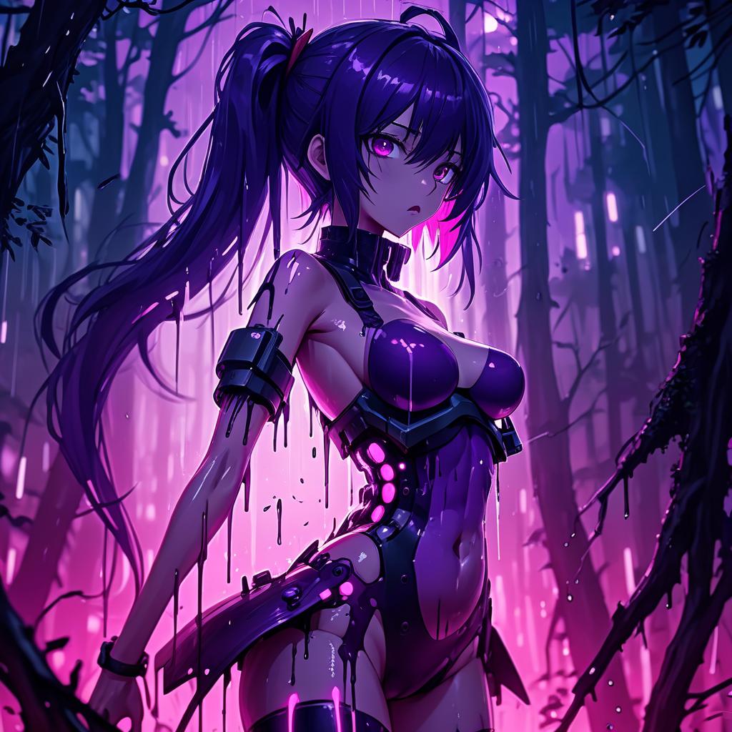  a woman standing in the middle of a forest, dark purple hair and cybernetics, nightcore, pink shadows, black goo, by maki haku, torrential rain of blood, sona, (art station), destruction around her, removed watermarks, halation, deep lighting