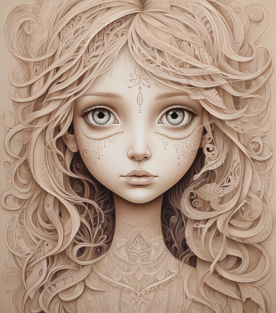  cartoonish, by małgorzata kmiec, paper, long face, oblong face, girl with sandy hair, intricate details, feminine, portrait, whimsical, whimsical depiction, on paper