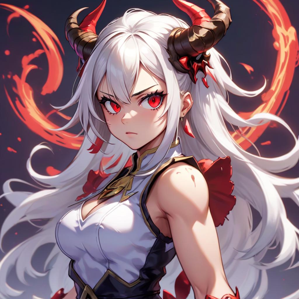  street fighter style girl in a dress, horns on her head, white hair, red eyes, dark magic, . vibrant, dynamic, arcade, 2d fighting game, highly detailed, reminiscent of street fighter series, sticker