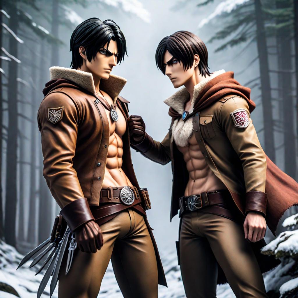  eren yeager kills mikasa and levi and then armin comes with zeke and kicks eren's ass. hyperrealistic, full body, detailed clothing, highly detailed, cinematic lighting, stunningly beautiful, intricate, sharp focus, f/1. 8, 85mm, (centered image composition), (professionally color graded), ((bright soft diffused light)), volumetric fog, trending on instagram, trending on tumblr, HDR 4K, 8K