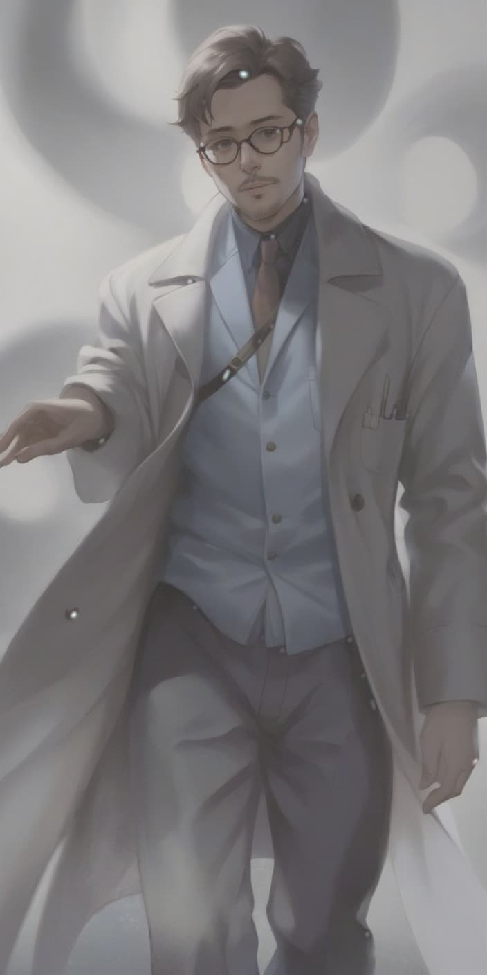  man in long white coat and glasses, right hand in pocket