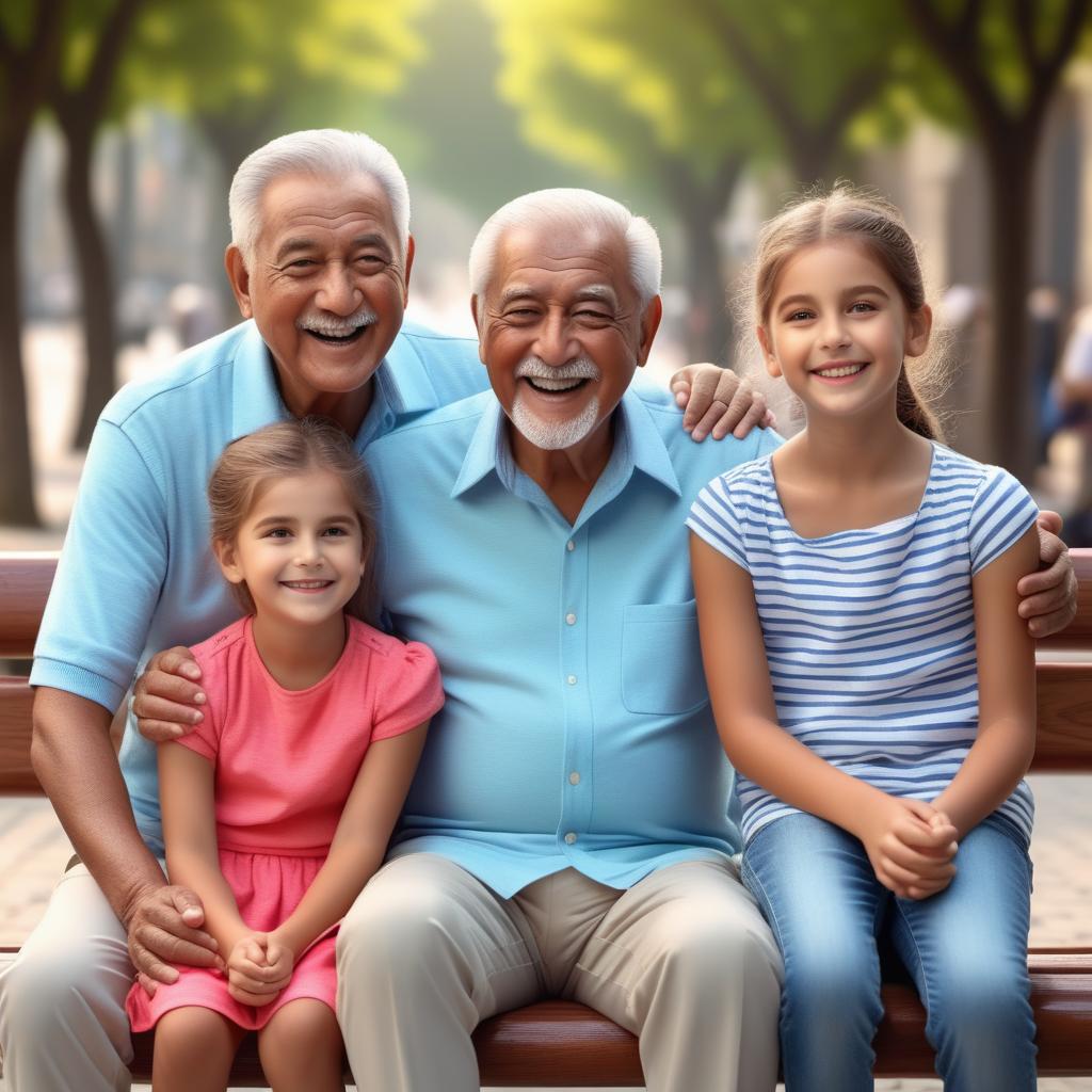  Asian grandfather with grandchildren sits on a bench and rejoices high quality, detailed intricate insanely detailed, flattering light, RAW photo, photography, photorealistic, ultra detailed, depth of field, 8k resolution , detailed background, f1.4, sharpened focus
