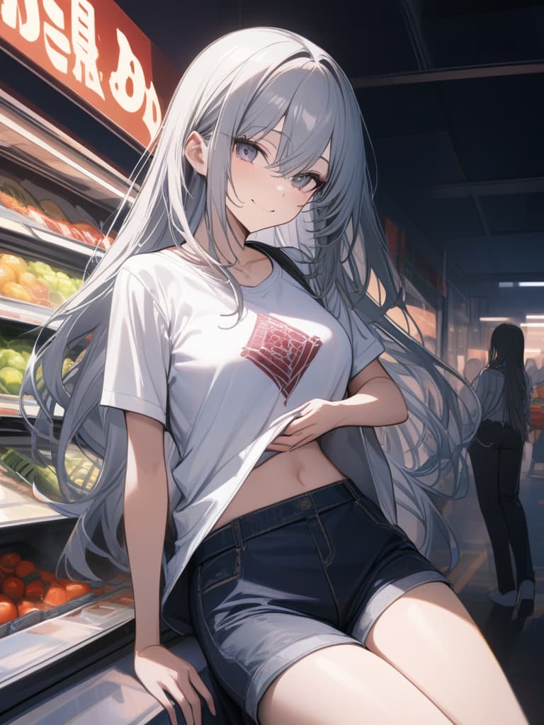  gal, gray hair, gray pupil, hand in front of the hand, golden letters on white t shirts, clothes that are hungry, shorts, shown pants, nights in the city, rose tattoo on the stomach, supermarket. long long hair, hair is wavy, smiling smile, masterpiece, best quality,8k,ultra detailed,high resolution,an extremely delicate and beautiful,hyper detail