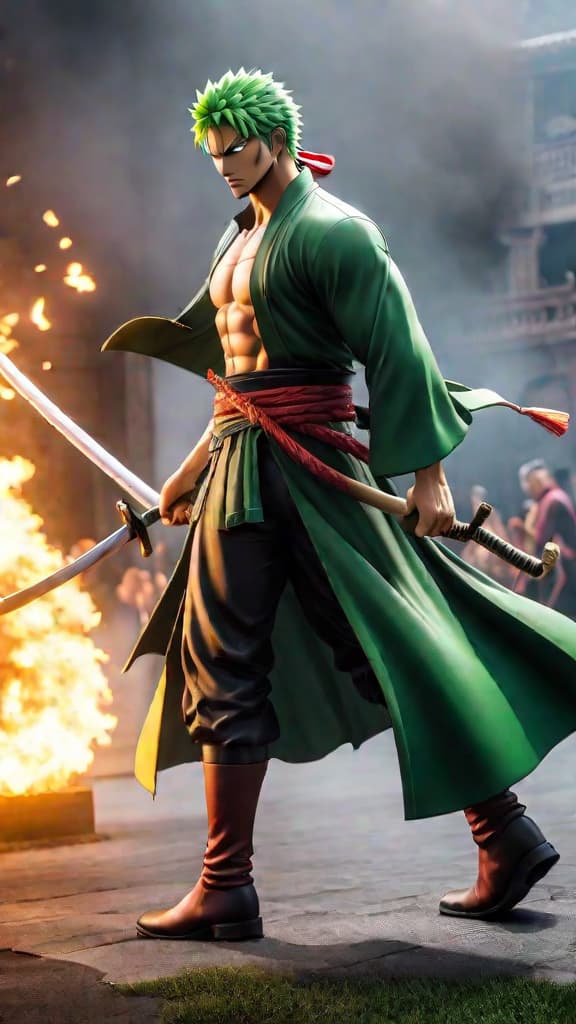  zoro's conqueror's haki clashes with ichigo's spiritual pressure in an intense anime battle. hyperrealistic, full body, detailed clothing, highly detailed, cinematic lighting, stunningly beautiful, intricate, sharp focus, f/1. 8, 85mm, (centered image composition), (professionally color graded), ((bright soft diffused light)), volumetric fog, trending on instagram, trending on tumblr, HDR 4K, 8K