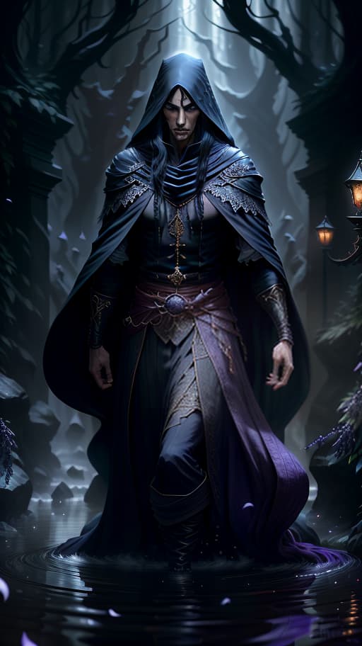  A thin man in a black cloak and a wreath of lavender on his head with very long black hair below his knees and black eyes, stands in dark water., magic, dragons, elves, castles, by Donato Giancola, Ruan Jia, Kekai Kotaki, Magali Villeneuve, Even Mehl Amundsen hyperrealistic, full body, detailed clothing, highly detailed, cinematic lighting, stunningly beautiful, intricate, sharp focus, f/1. 8, 85mm, (centered image composition), (professionally color graded), ((bright soft diffused light)), volumetric fog, trending on instagram, trending on tumblr, HDR 4K, 8K