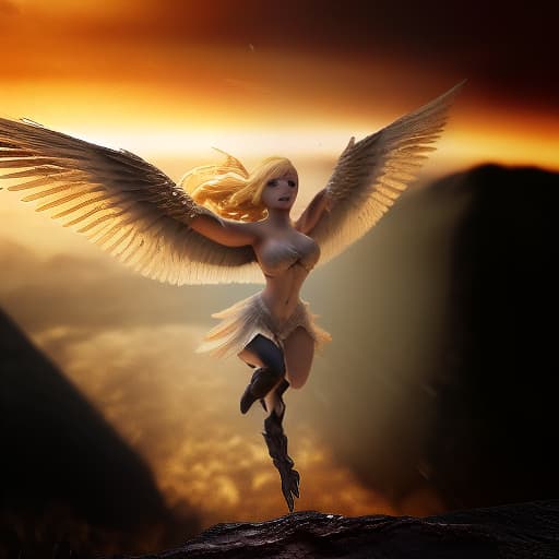  blonde flaps her wings and takes off, (3d render:1.25), realistic, dark, epic, (detailed:1.22), textured