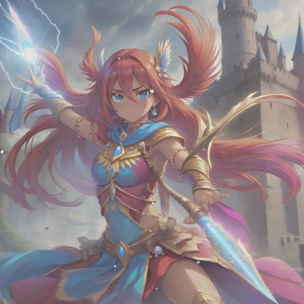  long exposure photo of portrait of strong rage amazonas queen archer. blue eye. long red hair. tilting head down, magenta mantle, shoulder pad feather, accessory necklace with pearls on the forehead, against the background of the castle siege . blurred motion, streaks of light, surreal, dreamy, ghosting effect, highly detailed, sticker, hkmagic