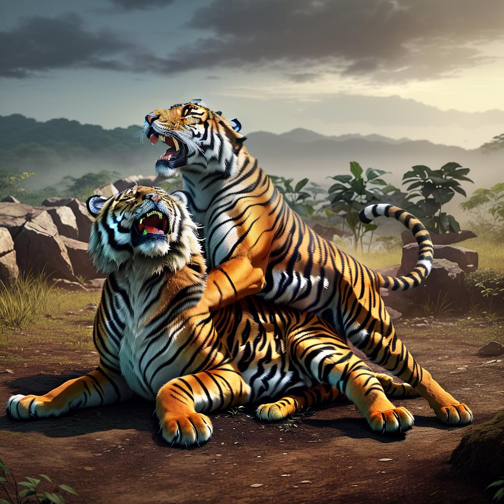  masterpiece, best quality, a fierce dog, bares sharp teeth and actively pins a majestic tiger to the ground in a wild jungle environment. the tiger is caught off guard, eyes wide open, surprised and struggling. lush green leaves and dense trees surround them, adding to the intensity of the scene. the atmosphere is tense and full of raw power. style: realistic illustrations. lighting: soft natural light filtered through the canopy above, casting mottled shadows on the ground. implementation: detailed digital illustrations, with emphasis on texture and fur renderings.