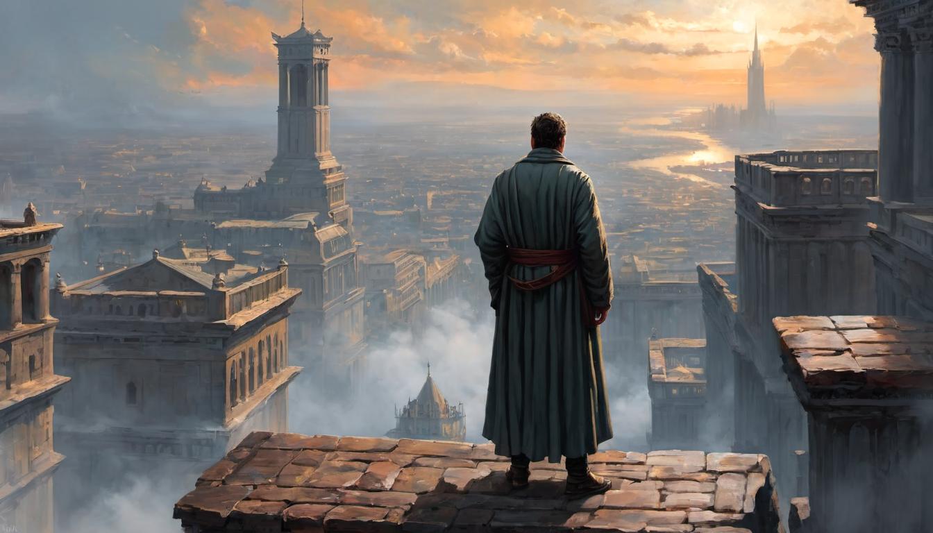  digital painting of a lone man, jeremiah, standing on a high platform, hands raised as if speaking, backdrop of a city, weary expression, ragged robe, conveying a sense of despair and urgency looking at viewer, dynamic pose, (intricate details, masterpiece, best quality)