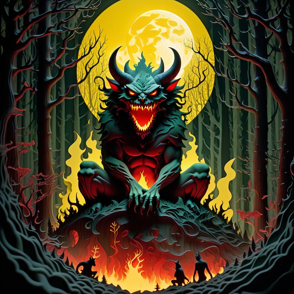  stacked papercut art of in a gloomy forest, a toothy demon sits and looks at the fiery creatures shrouded in yellow smoke with red threads of green sparks moon star rays of white light . 3d, layered, dimensional, depth, precision cut, stacked layers, papercut, high contrast