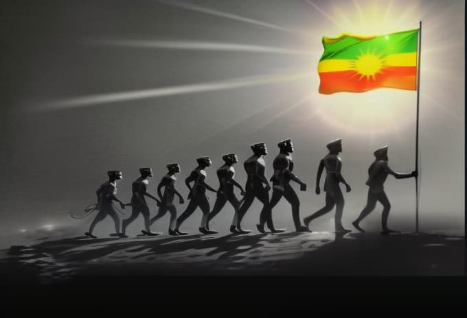 wa-vy style wa-vy style, a hybrid between a monkey & a man, a picture showing the stages of evolution of man kind, walking & holding a flag, with only green yellow red colors, & a sun at the flag, ultra detailed, vector art, , high quality, highly detailed, cinematic lighting, intricate, sharp focus, f/1. 8, 85mm, (centered image composition), (professionally color graded), ((bright soft diffused light)), trending on instagram, HDR 4K, 8K