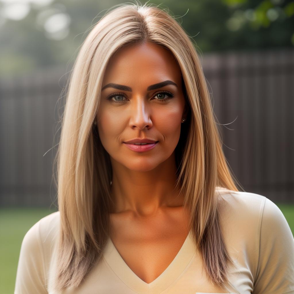  (((realistic full torso frontal head shot of a light beige to medium tan skin tone woman))), heike helena schröder, ((caucasian heritage)), immature face, brown eye color, ((straight hair style)), (( hair color)), (( body type)), small size, small size, (immature small rounded nose), (immature prominent jawline), (immature thin lips), (immature narrow forehead), (immature defined cheekbones), (immature eyebrows), (immature cleft chin), standing straight looking directly into the camera,((wearing fitted polo shirt with deep v neck and monogrammed pocket)), backyard in background, 1girl, best quality, highest quality, award winning photo, masterpiece, raw, professional photography, photorealism, sharp foc hyperrealistic, full body, detailed clothing, highly detailed, cinematic lighting, stunningly beautiful, intricate, sharp focus, f/1. 8, 85mm, (centered image composition), (professionally color graded), ((bright soft diffused light)), volumetric fog, trending on instagram, trending on tumblr, HDR 4K, 8K