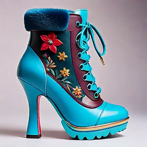  Create a photorealistic digital illustration of a women’s winter shoe with balanced parts, ornate soles, mid height platform heel, and covered in soft, luxurious textured materials. The art style should blend elements of Irregular Choice, Buffalo London, Naoko Takeuchi and Osamu Tezuka hyperrealistic, full body, detailed clothing, highly detailed, cinematic lighting, stunningly beautiful, intricate, sharp focus, f/1. 8, 85mm, (centered image composition), (professionally color graded), ((bright soft diffused light)), volumetric fog, trending on instagram, trending on tumblr, HDR 4K, 8K