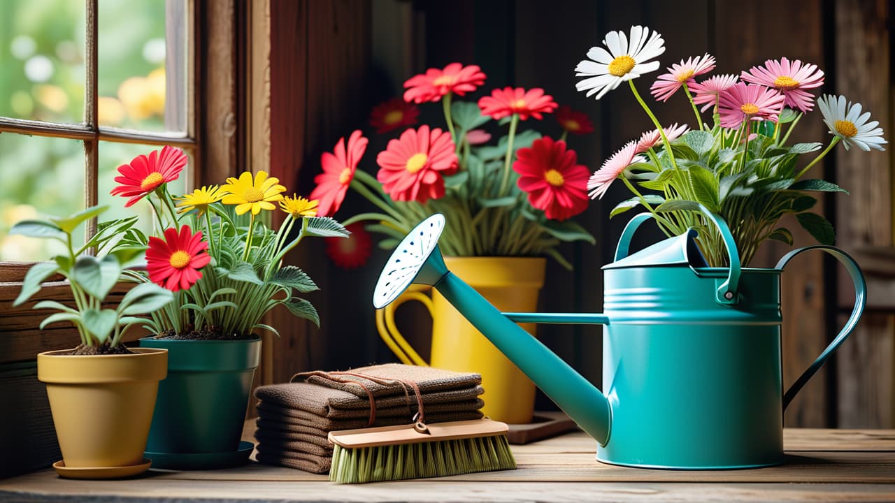  a vibrant garden scene featuring essential tools: a colorful watering can, a hand trowel, seed packets, gardening gloves, and a small plant pot, all arranged on a rustic wooden table surrounded by blooming flowers. hyperrealistic, full body, detailed clothing, highly detailed, cinematic lighting, stunningly beautiful, intricate, sharp focus, f/1. 8, 85mm, (centered image composition), (professionally color graded), ((bright soft diffused light)), volumetric fog, trending on instagram, trending on tumblr, HDR 4K, 8K