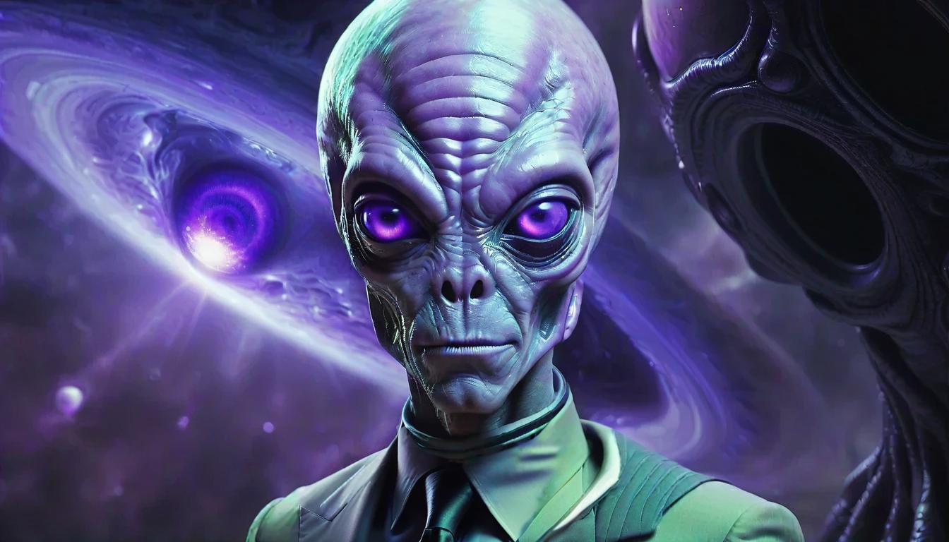  alien themed a creature like a man with purple eyes, with growths on the temples of the head, in a suit. the background is space. . extraterrestrial, cosmic, otherworldly, mysterious, sci fi, highly detailed