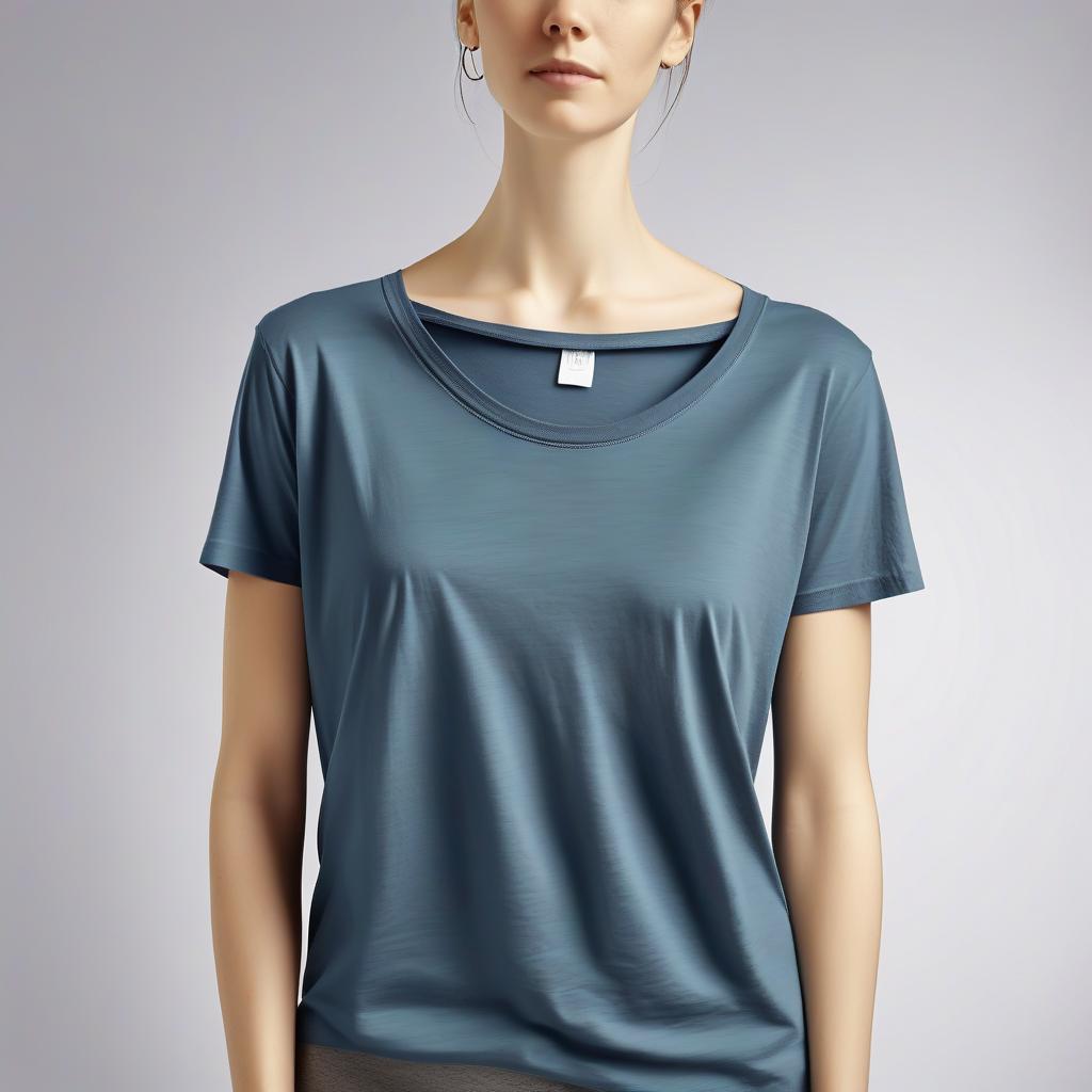  the is bent at a right angle, a spacious t shirt is hanging down, bare s are visible in the neckline