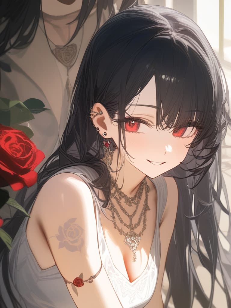  long hair, black hair, hair tips are pink, red eyes, hanging, bangs, and length of bangs, smiles, adults, adult faces, piercings, necklaces, black lace clothes, red rose tattou on arms in contained, thin makeup, rose tattoo on the arm, pink and black hair, masterpiece, best quality,8k,ultra detailed,high resolution,an extremely delicate and beautiful,hyper detail