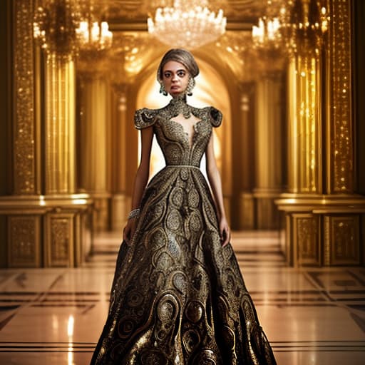  a woman in a chic evening dress stands in an ornate palace