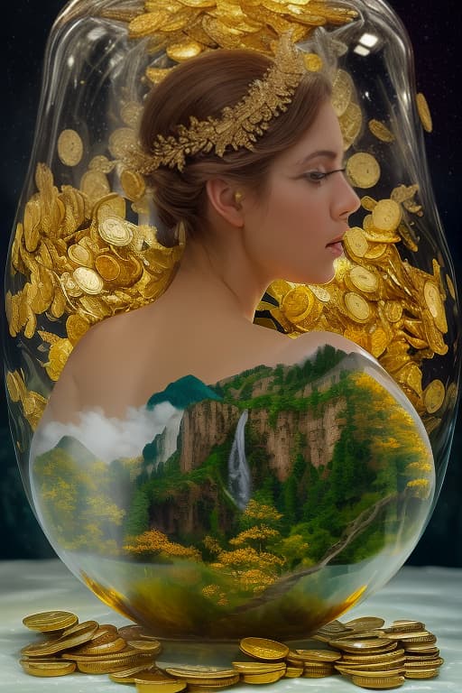  double exposure. in a beautiful elegant shoe made of transparent gold coins, inside depicts a fabulous landscape of the mountain, waterfalls against the background of a fairy tale. profile. surrealism. detailed, realistic, professional photo panorama, brightness, octane number, botanical darkness, aesthetics, macro photography, exceptional clarity, 600 dots per inch, 16 k