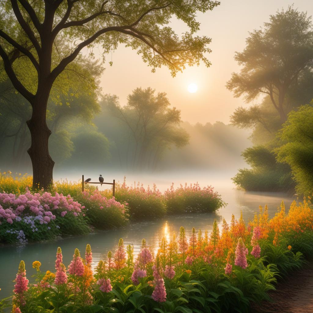  A serene morning scene with a soft sunrise, gentle rays of morning light illuminating a tranquil landscape with blooming flowers and chirping birds. The atmosphere should evoke feelings of warmth and love. hyperrealistic, full body, detailed clothing, highly detailed, cinematic lighting, stunningly beautiful, intricate, sharp focus, f/1. 8, 85mm, (centered image composition), (professionally color graded), ((bright soft diffused light)), volumetric fog, trending on instagram, trending on tumblr, HDR 4K, 8K