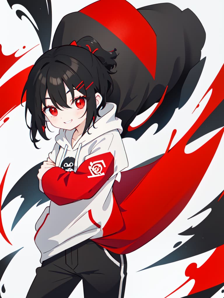  short black hair,red eyes,red hairpin,white hoodie,black pants,and a naughty smile.