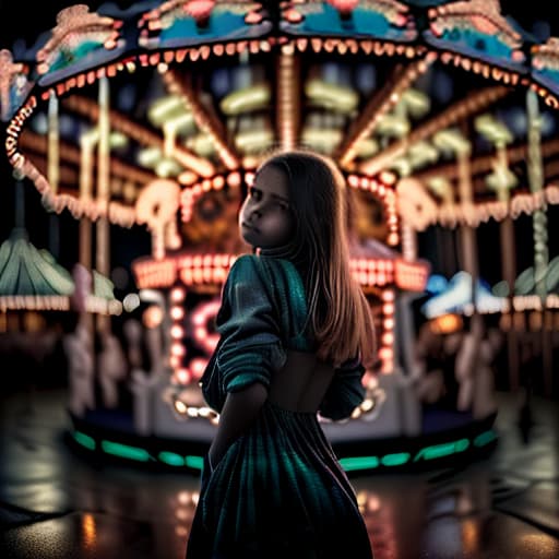  (dark shot:1.4), 80mm, a full length girl stands with her back, does not look at the camera, and looks at a huge bright carousel at night, soft light, sharp, exposure blend, medium shot, bokeh, (hdr:1.4), high contrast, (cinematic, teal and orange:0.85), (muted colors, dim colors, soothing tones:1.3), low saturation, (hyperdetailed:1.2), (noir:0.4)