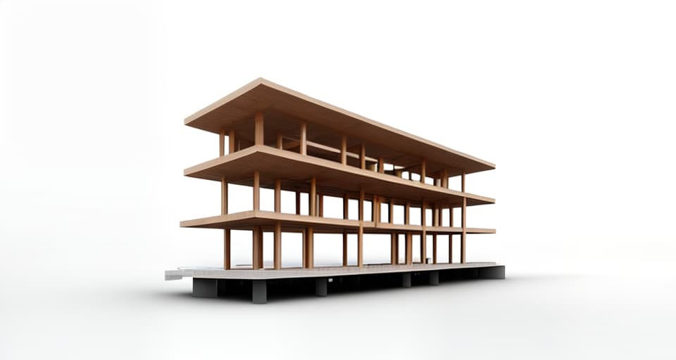 mdjrny-v4 style architectural, high quality, exterior perspective, 3 story mixed wood and steel office building, curved exterior, building floating at sea