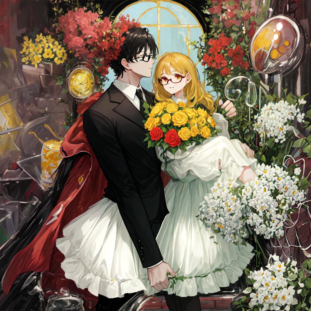  Masterpiece, best quality, in a stunning color visual effect, there is a man and a woman kissing sideways, close-up photo of the head. The woman is depicted as beautiful blonde hair, white skirt and big eyes. The man, wearing a suit and glasses, has black hair and looks domineering. The picture is dominated by black red, surrounded by flowers. This emotional scene is captured in high quality, with maximum impact in 8K resolution, size 6*8.