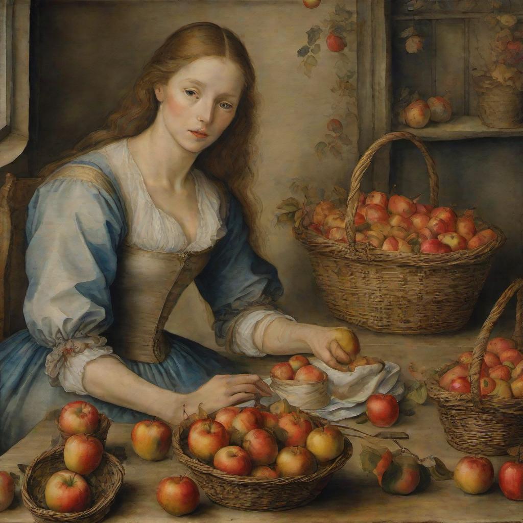  watercolor painting a painting by peter brueghel. a woman is sitting at a table. there is a small basket of apples on the table. . vibrant, beautiful, painterly, detailed, textural, artistic