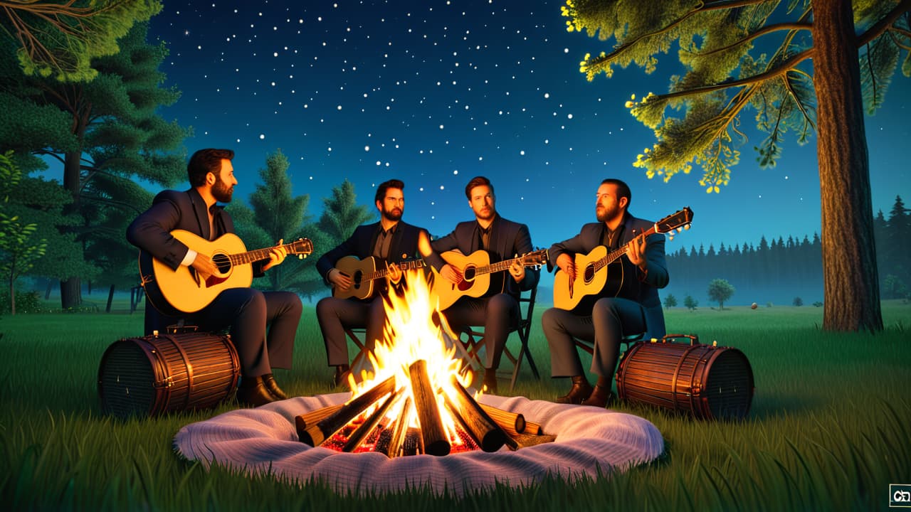  a serene countryside scene at dusk, featuring a group of diverse musicians playing acoustic instruments around a campfire, surrounded by tall trees and fireflies, with a blanket of stars overhead. hyperrealistic, full body, detailed clothing, highly detailed, cinematic lighting, stunningly beautiful, intricate, sharp focus, f/1. 8, 85mm, (centered image composition), (professionally color graded), ((bright soft diffused light)), volumetric fog, trending on instagram, trending on tumblr, HDR 4K, 8K