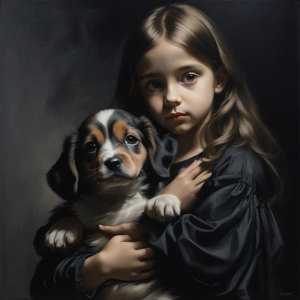  masterpiece. a girl on a black background. a girl with a puppy. graphic painting.